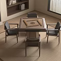Square Game Table With Four Chairs In Living Room With Fireplace And Bookshelf