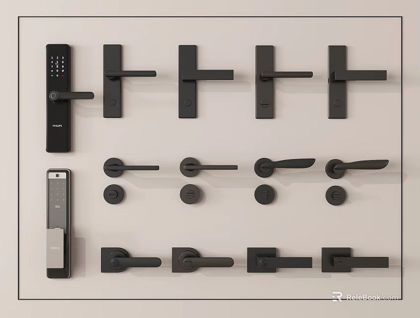 Black Door Handles With Various Modern Designs Including Smart Lock Features 3d model 