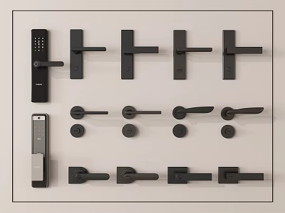 Black Door Handles With Various Modern Designs Including Smart Lock Features 3d model