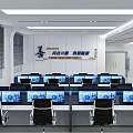 Modern Public Office Space For Police With Workstations Computer Monitors Large Screens And Black Chairs