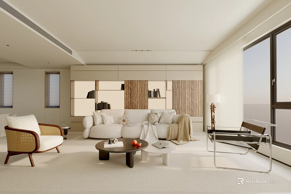 Modern Living Room Interior With White Sofa Wicker Wall Panels Coffee Table And Large Window 3d model 