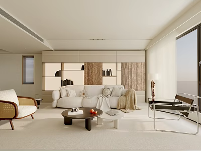 Modern Living Room Interior With White Sofa Wicker Wall Panels Coffee Table And Large Window 3d model