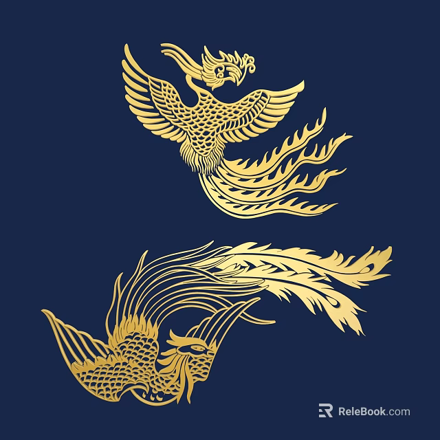 Two Intricate Golden Phoenix Carving Designs On Dark Blue Background 3d model 