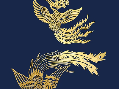 Two Intricate Golden Phoenix Carving Designs On Dark Blue Background 3d model