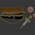 Brown Leather Bag With Wooden Handle Knife Red Bottles Syringe And Metal Tools