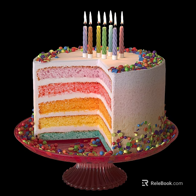 Rainbow Layered Birthday Cake With Colorful Sprinkles And Candles Sliced On Glass Stand 3d model 