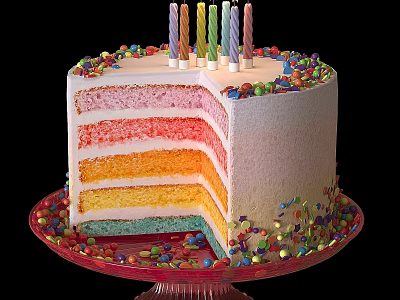 Rainbow Layered Birthday Cake With Colorful Sprinkles And Candles Sliced On Glass Stand 3d model