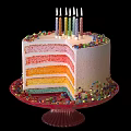 Rainbow Layered Birthday Cake With Colorful Sprinkles And Candles Sliced On Glass Stand