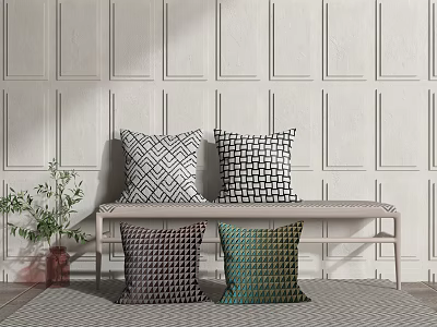 Geometric Patterned Throw Pillows On Light Bench With Textured Wall Background 3d model