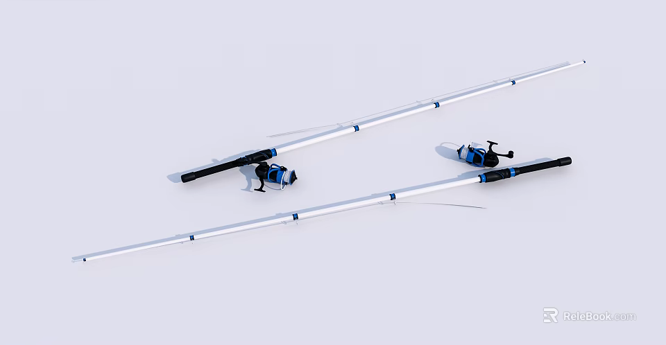White Fishing Rods With Blue Black Reels And Blue Markings For Outdoor Use 3d model 