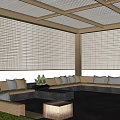 Wooden Pergola With Lattice Sides Greenery Seating Area And Water Feature