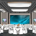 Luxurious Banquet Hall With White Covered Chairs Round Tables Ceiling Lights And Background LED Screen