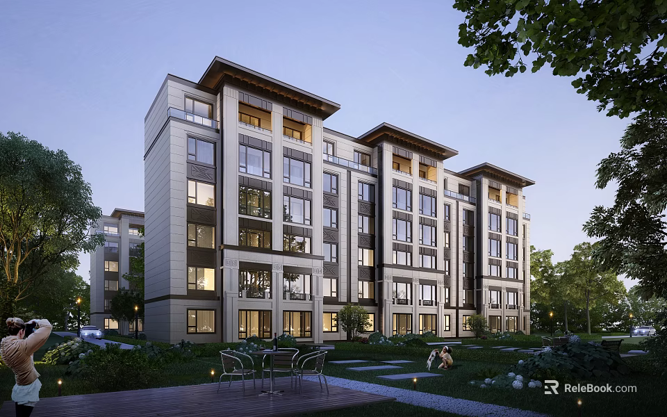 Modern Multi Story Residential Building With Large Windows Surrounded By Greenery And Outdoor Leisure Area 3d model 
