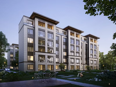 Modern Multi Story Residential Building With Large Windows Surrounded By Greenery And Outdoor Leisure Area 3d model