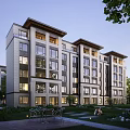 Modern Multi Story Residential Building With Large Windows Surrounded By Greenery And Outdoor Leisure Area