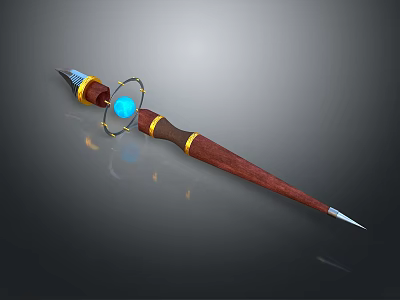 Fantasy Wooden Staff With Blue Gemstone Metal Ring And Sharp Spike 3d model