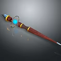 Fantasy Wooden Staff With Blue Gemstone Metal Ring And Sharp Spike