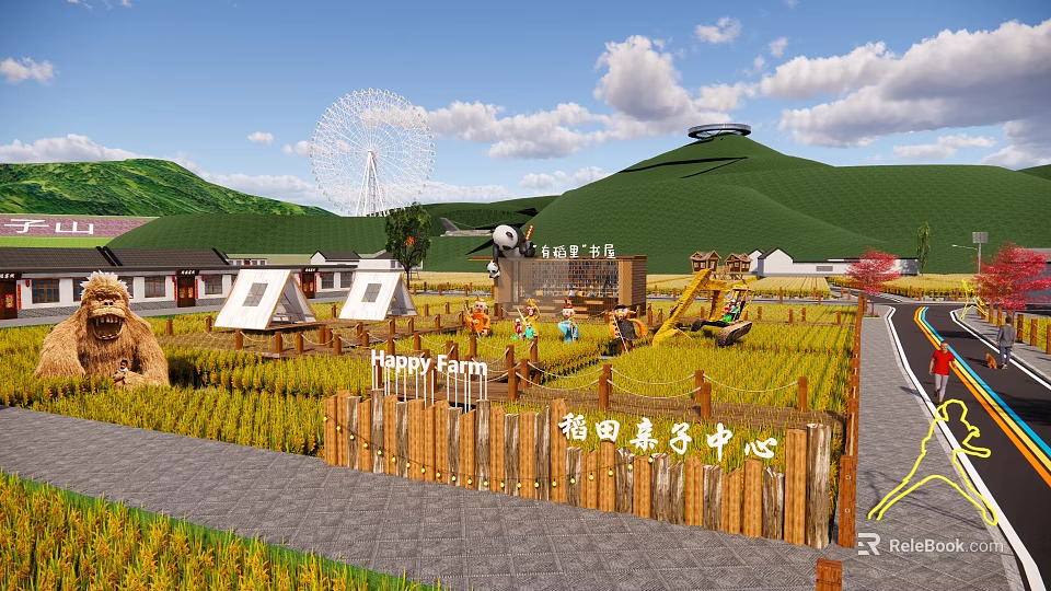 Rural Landscape With Rice Field Parent Child Center Scarecrows And Wooden Fence 3d model 