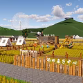 Rural Landscape With Rice Field Parent Child Center Scarecrows And Wooden Fence