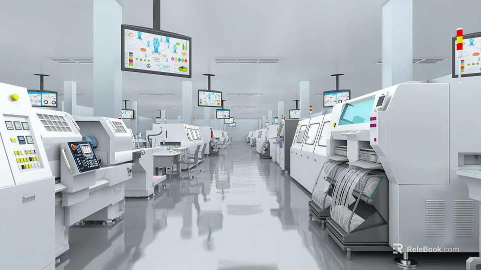 Modern Automated Manufacturing Facility With White Machinery Digital Screens And Bright Floors 3d model 