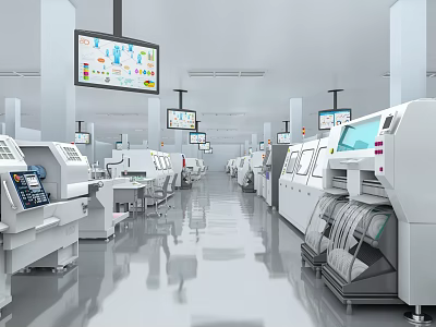 Modern Automated Manufacturing Facility With White Machinery Digital Screens And Bright Floors 3d model