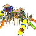 Colorful Playground Equipment With Multiple Slides House Shaped Roofs Green Stairs And Railings