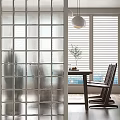 Modern Glass Grid Room Divider In Bright Interior With Dining Table And Chairs 3d model