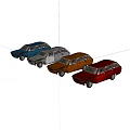 Four Vintage Station Wagons In Different Colors Parked On Black Background