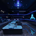 Modern Luxurious KTV Interior With Blue Lighting Chandeliers Sofas And Coffee Tables 3d model