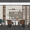 Elegant Modern Restaurant Interior With Dining Table Chairs Wine Cabinet And Pendant Lights