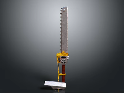 Large Metal Saw Weapon With Sharp Blade Yellow Accents Red Handle And White Base 3d model