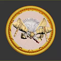 Graceful Female Figure in White Dress with Golden Mechanical Wings Red Sword on Golden Base