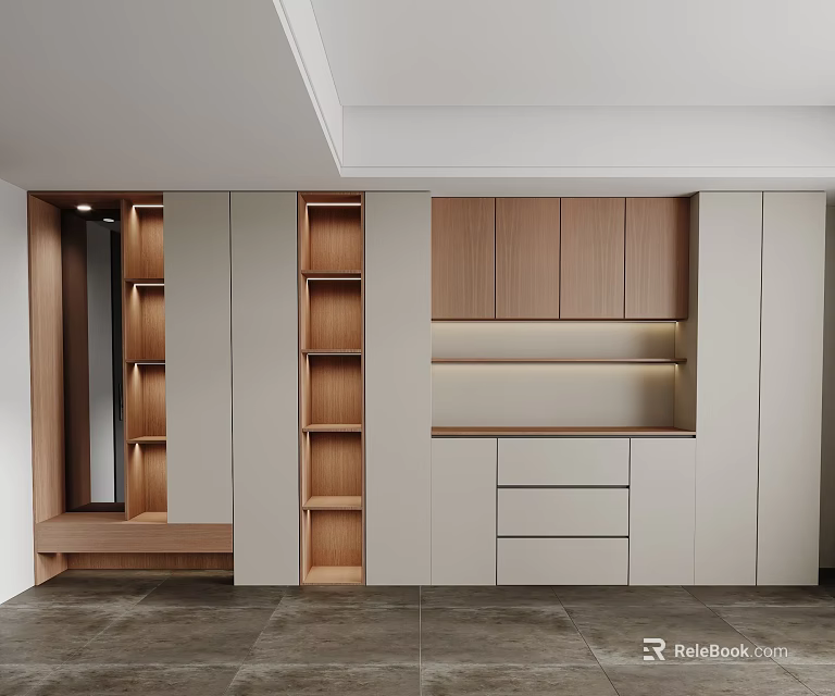 Modern Entryway Cabinet and Side Cabinet with Wooden Shelves and Drawers 3d model 