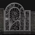 Elegant White Wrought Iron Gate With Intricate Rose Pattern And Side Brick Walls
