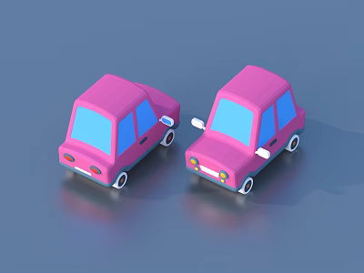 Two Pink Cartoon Cars On Blue Background With 3D Design And White Wheels 3d model
