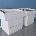 Two Modern White Functional Tables with Brown Tops and Cabinet Storage Units