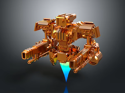 Golden Mechanical Spacecraft With Blue Jet Light For Space Exploration 3d model