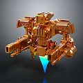 Golden Mechanical Spacecraft With Blue Jet Light For Space Exploration
