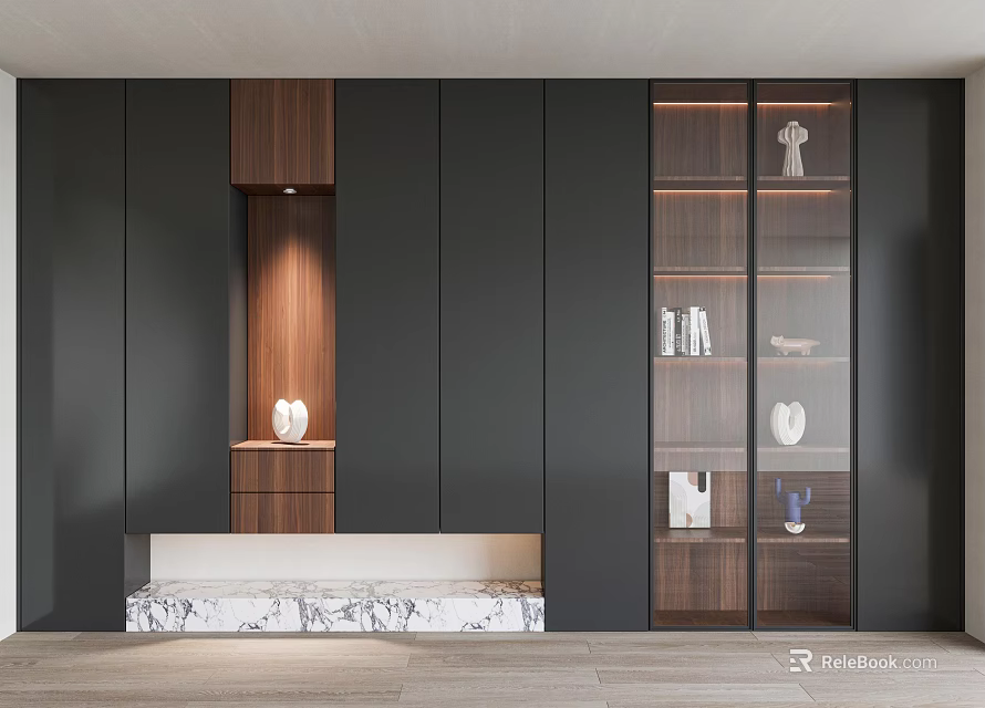 Modern Dark Wooden Shoe Cabinet With Marble Base And Glass Door Display Shelves 3d model 