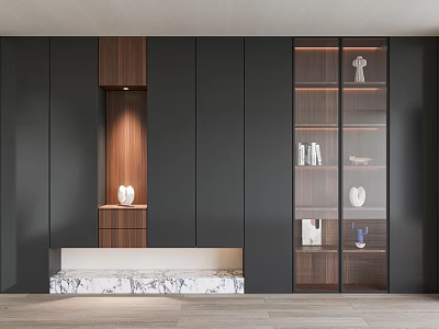Modern Dark Wooden Shoe Cabinet With Marble Base And Glass Door Display Shelves 3d model