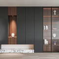 Modern Dark Wooden Shoe Cabinet With Marble Base And Glass Door Display Shelves