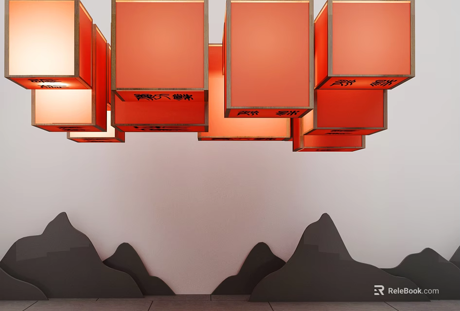 Red Square Chandeliers With Golden Frames And Mountain Shaped Decorations In Interior Space 3d model