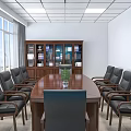 Modern Conference Room With Large Wooden Table Black Chairs And City View Windows