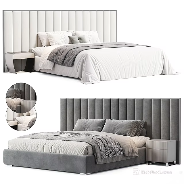 Double Bed With Tufted Gray Velvet Headboard White Bedspread Gray Blanket And Bedside Table 3d model 
