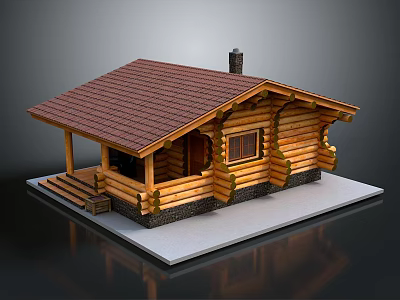 Log Cabin Exterior Design With Red Roof Chimney Porch And Steps 3d model