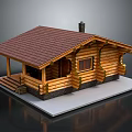Log Cabin Exterior Design With Red Roof Chimney Porch And Steps
