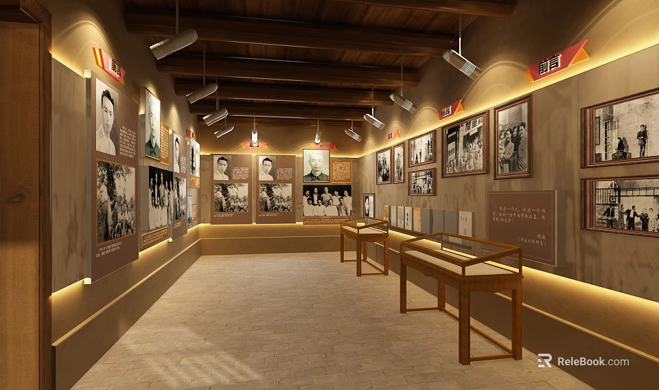 Vintage Exhibition Hall Interior with Black and White Photos Wooden Display Cases and Spotlights 3d model 