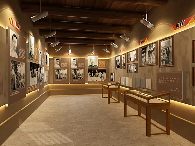 Vintage Exhibition Hall Interior with Black and White Photos Wooden Display Cases and Spotlights 3d model