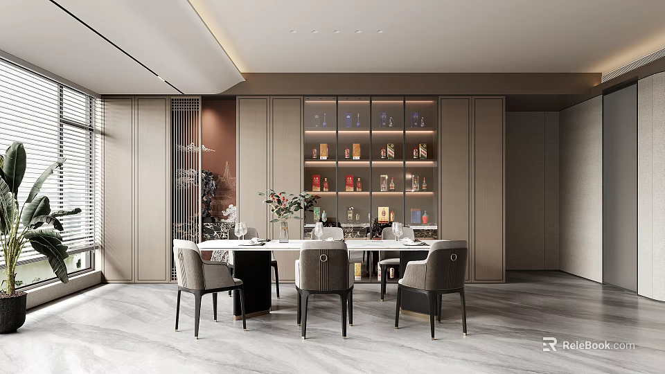 Modern Restaurant Interior With Marble Dining Table Chairs And Glass Cabinets 3d model 