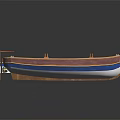 Wooden Small Watercraft With Brown Interior And Blue Striped Design Details